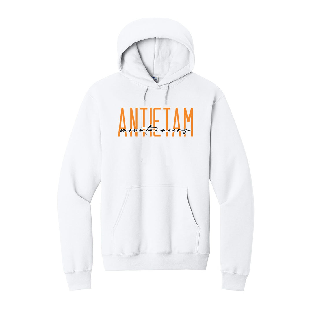Antietam Mountaineers Tall Type Script hoodie in White: tall ANTIETAM lettering with Mountaineers in flowing script across the middle
