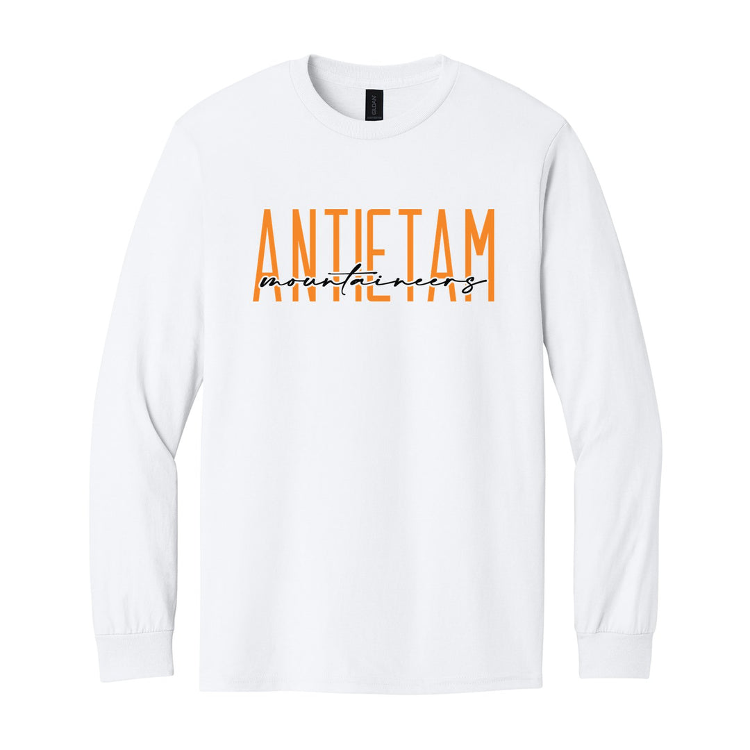 Antietam Mountaineers Tall Type Script long sleeve t-shirt in White: tall ANTIETAM lettering with Mountaineers in flowing script across the middle
