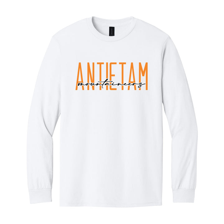 Antietam Mountaineers Tall Type Script long sleeve t-shirt in White: tall ANTIETAM lettering with Mountaineers in flowing script across the middle