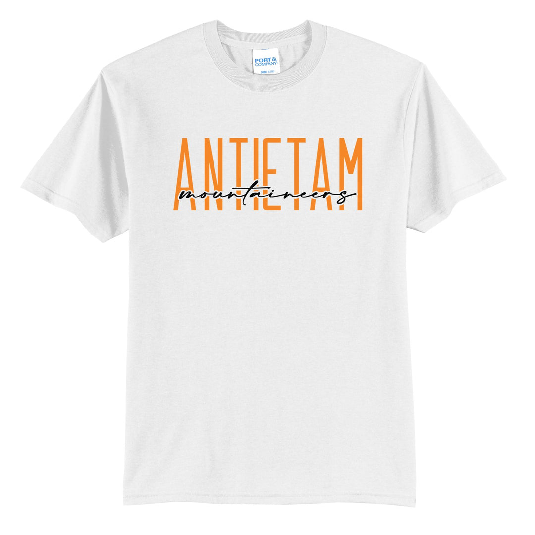 Antietam Mountaineers Tall Type Script t-shirt in White: tall ANTIETAM lettering with Mountaineers in flowing script across the middle