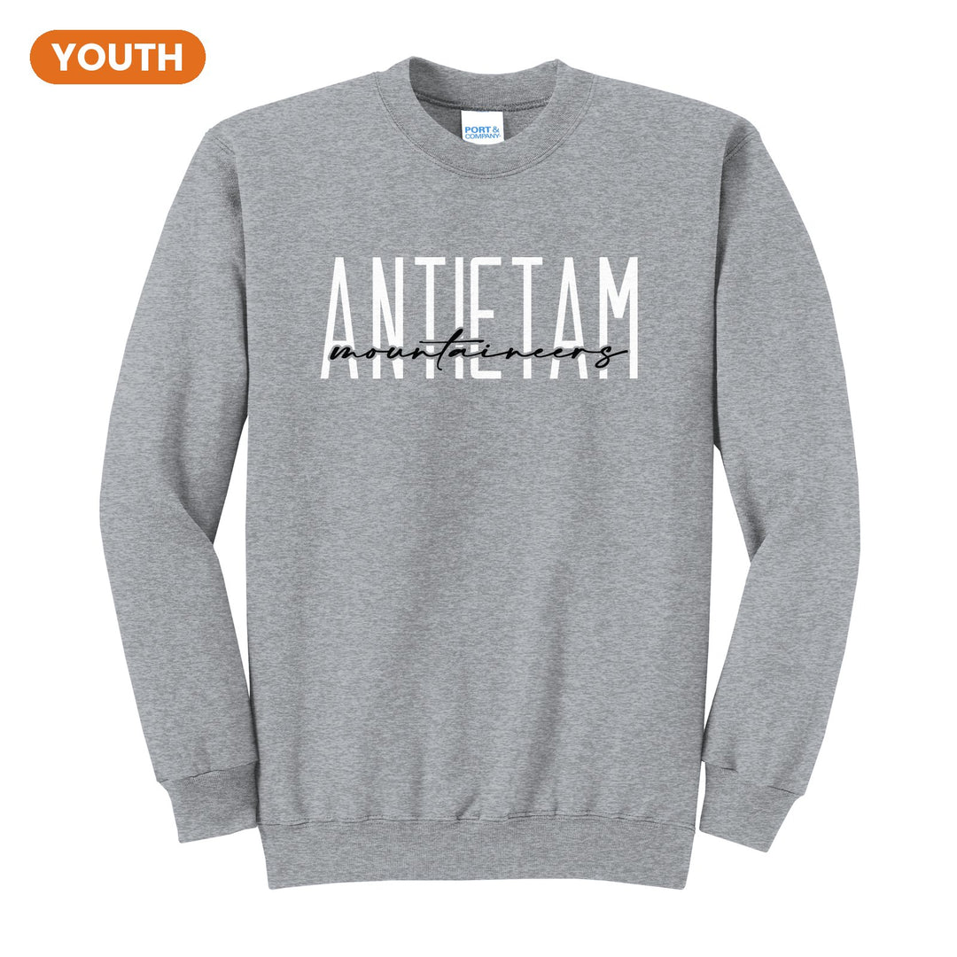 Antietam Mountaineers Tall Type Script youth crewneck sweatshirt in Athletic Heather: tall ANTIETAM lettering with Mountaineers in flowing script across the middle