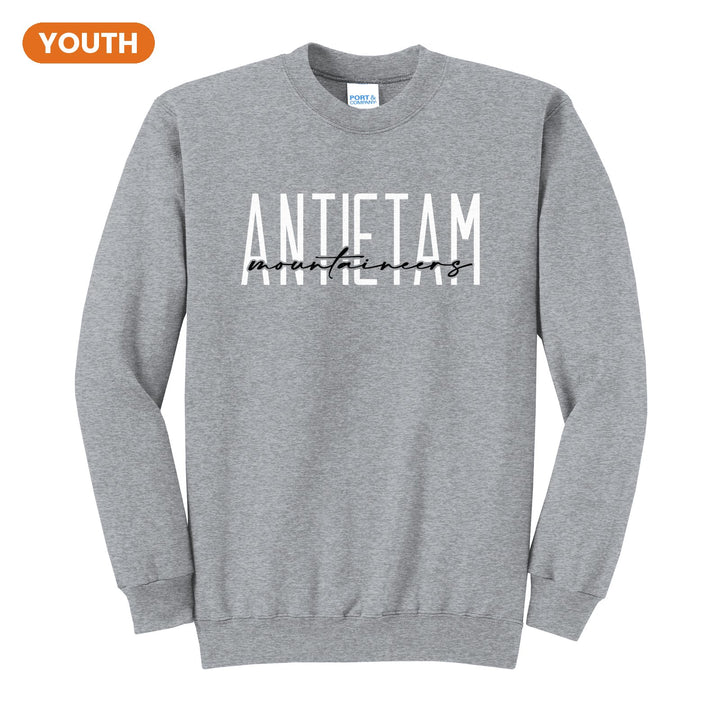 Antietam Mountaineers Tall Type Script youth crewneck sweatshirt in Athletic Heather: tall ANTIETAM lettering with Mountaineers in flowing script across the middle