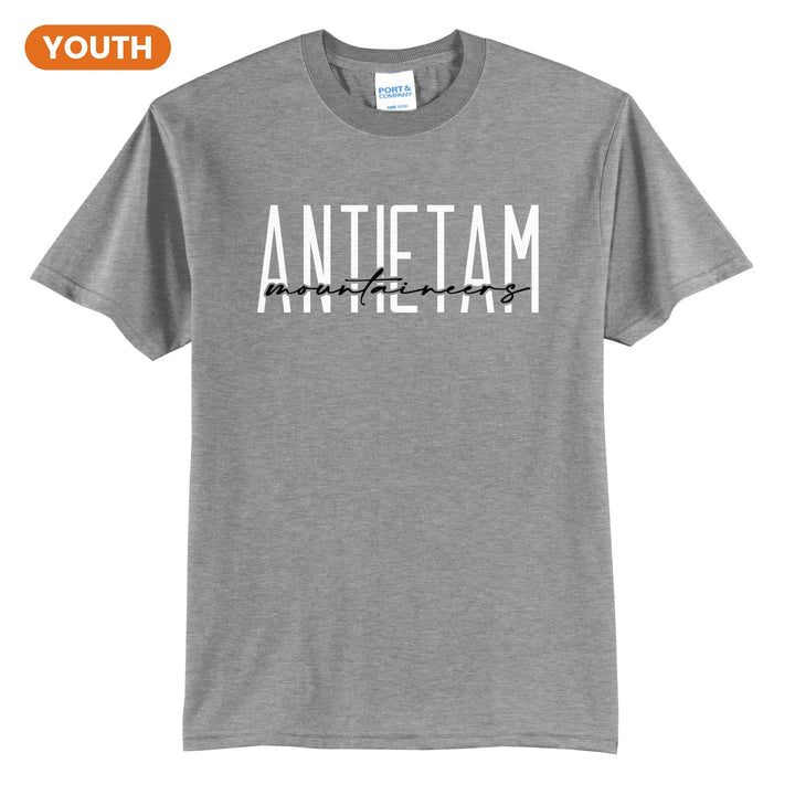Antietam Mountaineers Tall Type Script youth t-shirt in Athletic Heather: tall ANTIETAM lettering with Mountaineers in flowing script across the middle