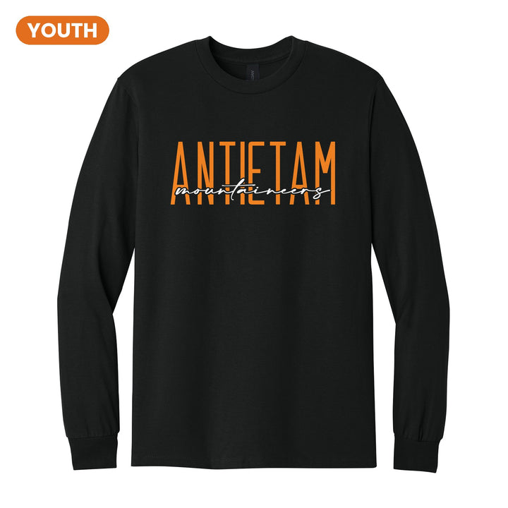 Antietam Mountaineers Tall Type Script youth long sleeve t-shirt in Black: tall ANTIETAM lettering with Mountaineers in flowing script across the middle