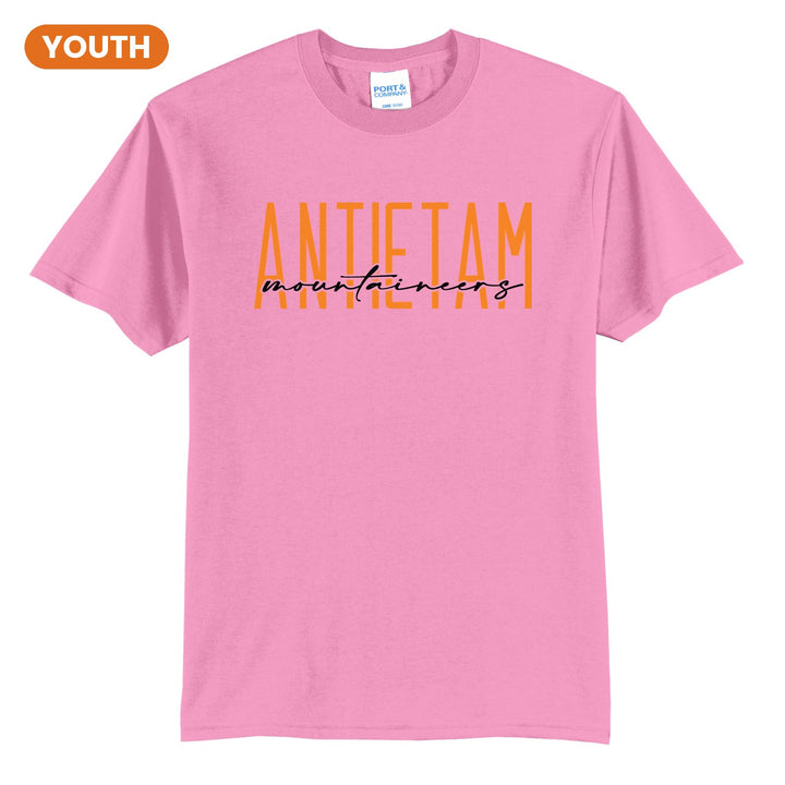 Antietam Mountaineers Tall Type Script youth t-shirt in Candy Pink: tall ANTIETAM lettering with Mountaineers in flowing script across the middle