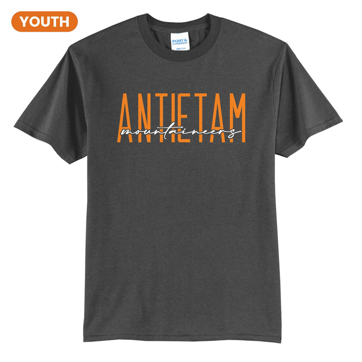 Antietam Mountaineers Tall Type Script youth t-shirt in Charcoal: tall ANTIETAM lettering with Mountaineers in flowing script across the middle