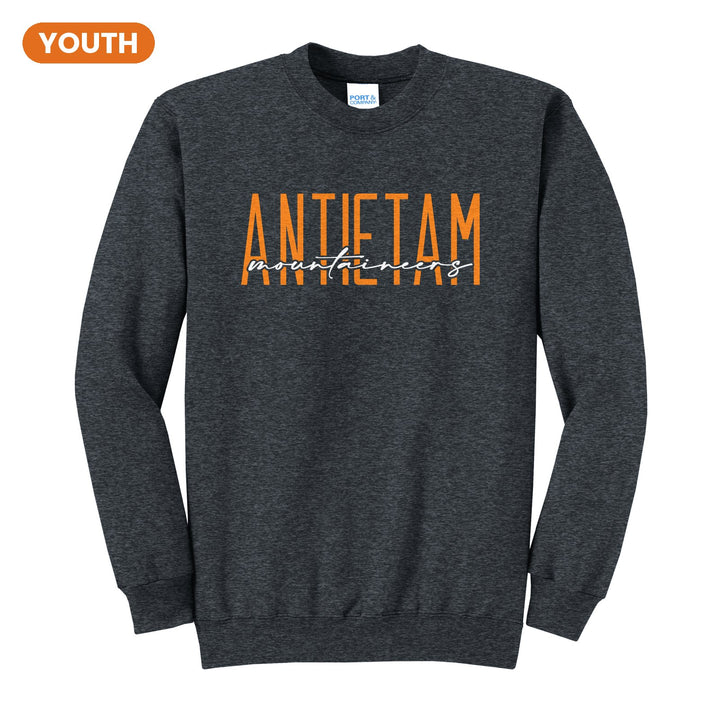 Antietam Mountaineers Tall Type Script youth crewneck sweatshirt in Dark Heather Grey: tall ANTIETAM lettering with Mountaineers in flowing script across the middle