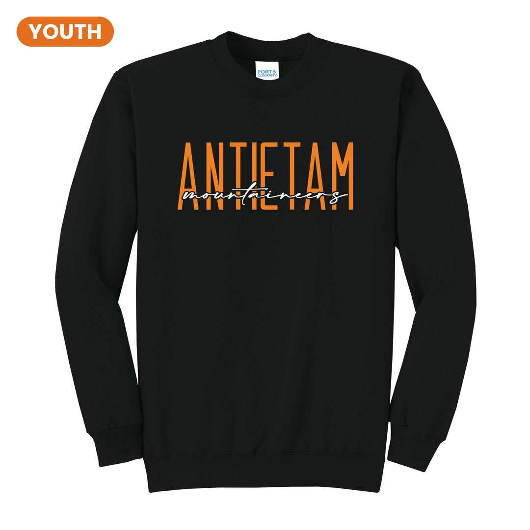 Antietam Mountaineers Tall Type Script youth crewneck sweatshirt in Jet Black: tall ANTIETAM lettering with Mountaineers in flowing script across the middle