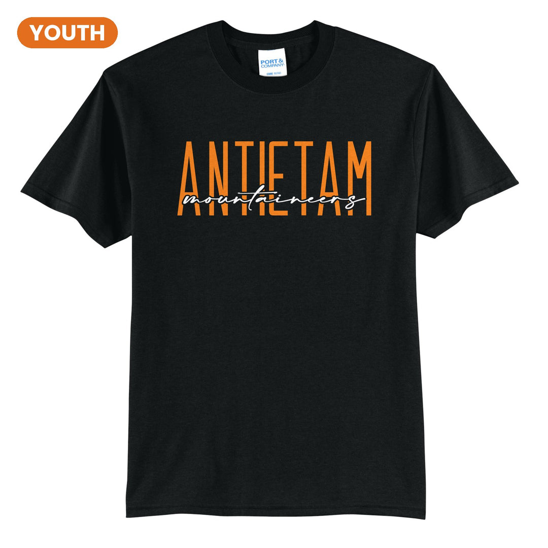 Antietam Mountaineers Tall Type Script youth t-shirt in Jet Black: tall ANTIETAM lettering with Mountaineers in flowing script across the middle