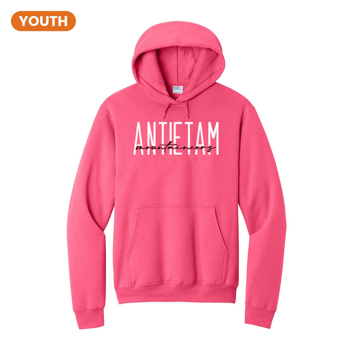 Antietam Mountaineers Tall Type Script youth hoodie in Neon Pink: tall ANTIETAM lettering with Mountaineers in flowing script across the middle