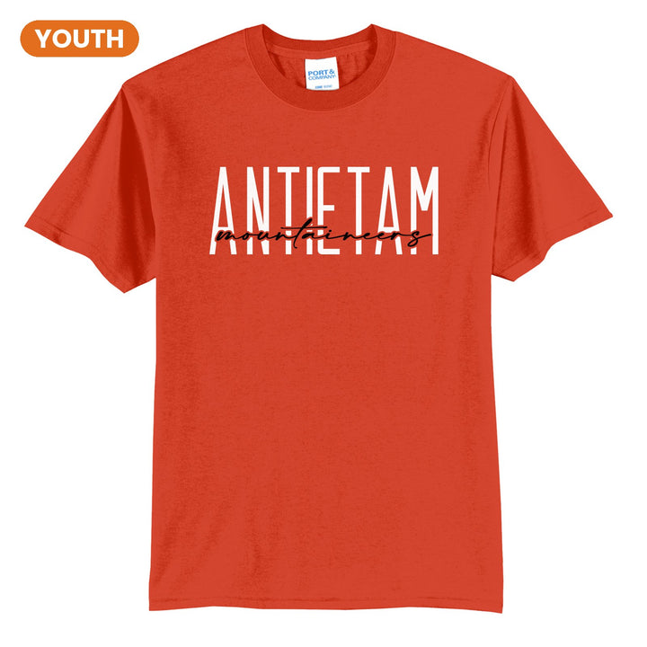 Antietam Mountaineers Tall Type Script youth t-shirt in Orange: tall ANTIETAM lettering with Mountaineers in flowing script across the middle