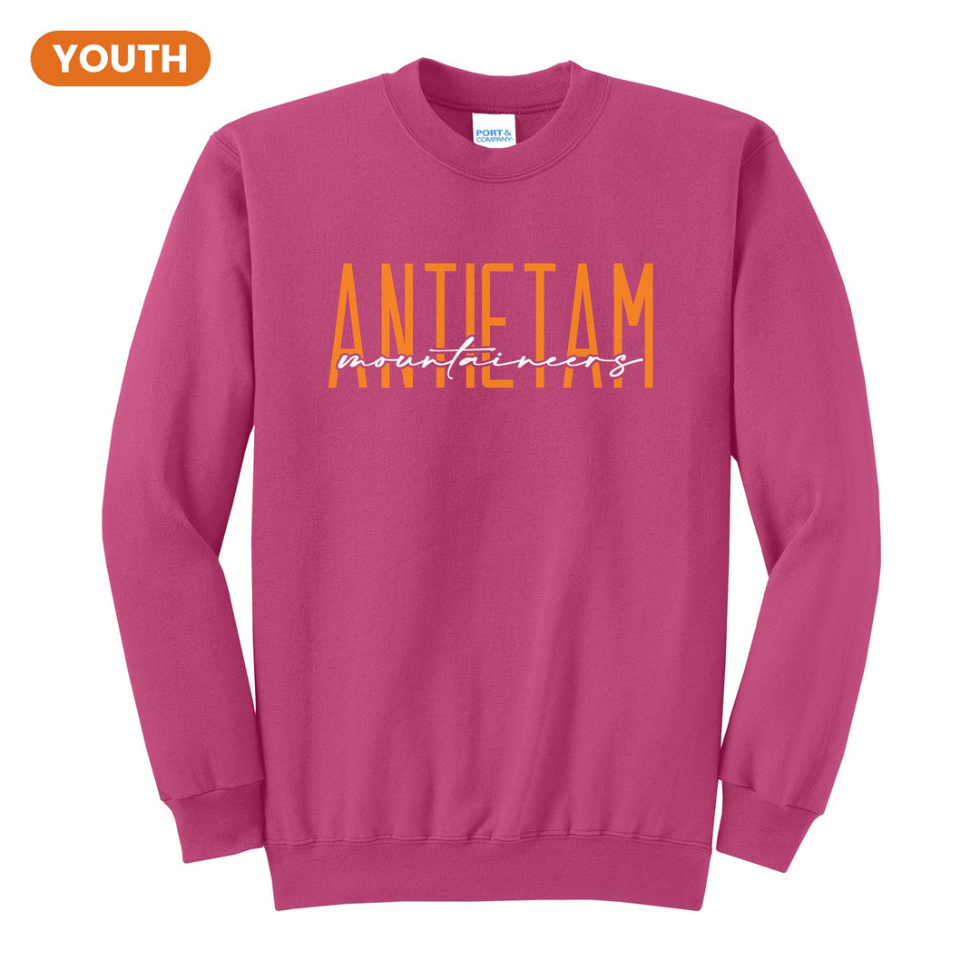Antietam Mountaineers Tall Type Script youth crewneck sweatshirt in Sangria: tall ANTIETAM lettering with Mountaineers in flowing script across the middle