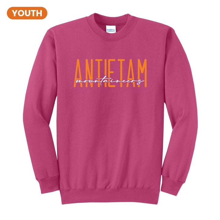 Antietam Mountaineers Tall Type Script youth crewneck sweatshirt in Sangria: tall ANTIETAM lettering with Mountaineers in flowing script across the middle