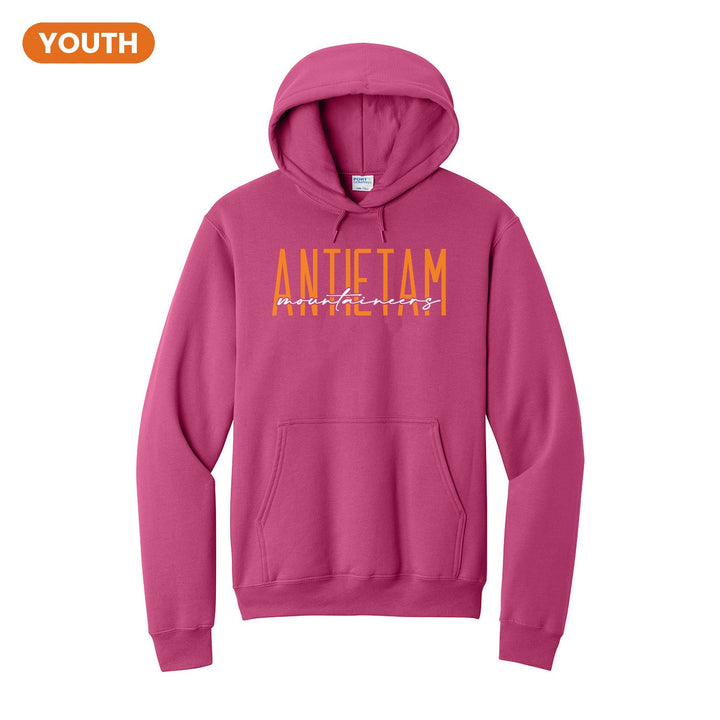 Antietam Mountaineers Tall Type Script youth hoodie in Sangria: tall ANTIETAM lettering with Mountaineers in flowing script across the middle