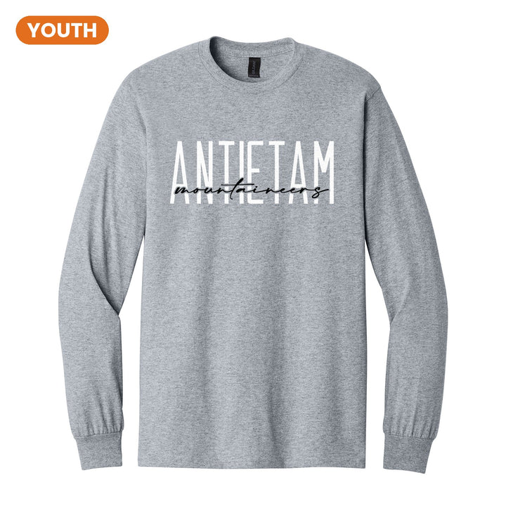 Antietam Mountaineers Tall Type Script youth long sleeve t-shirt in Sport Grey: tall ANTIETAM lettering with Mountaineers in flowing script across the middle