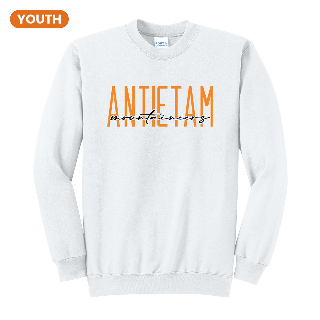 Antietam Mountaineers Tall Type Script youth crewneck sweatshirt in White: tall ANTIETAM lettering with Mountaineers in flowing script across the middle