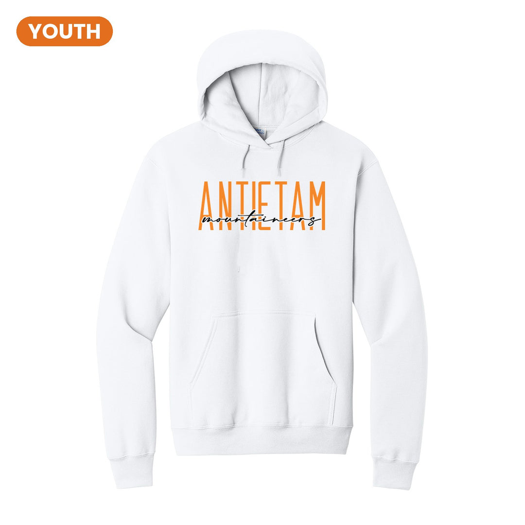 Antietam Mountaineers Tall Type Script youth hoodie in White: tall ANTIETAM lettering with Mountaineers in flowing script across the middle