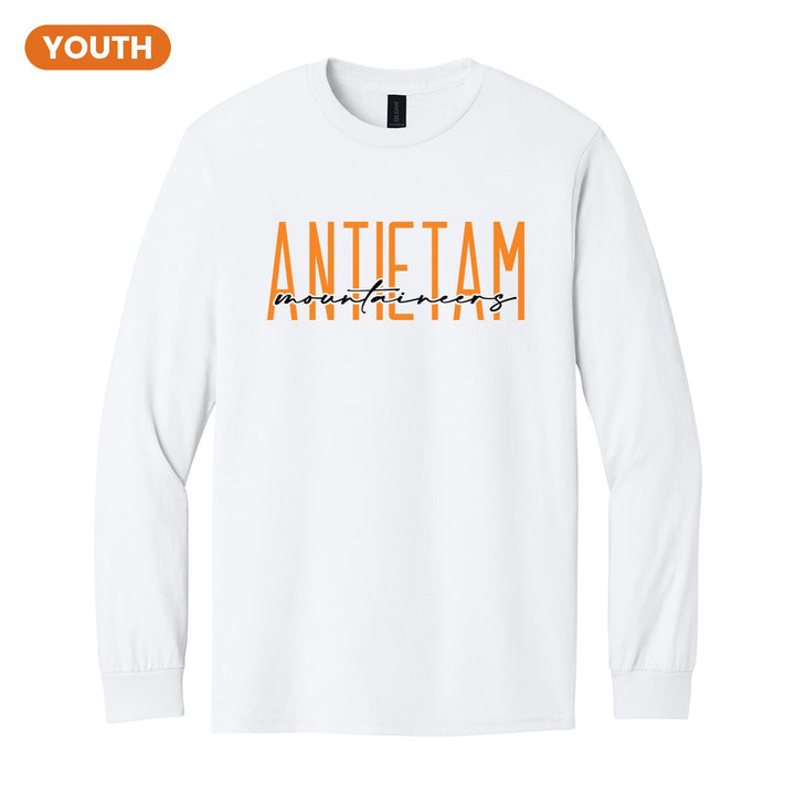 Antietam Mountaineers Tall Type Script youth long sleeve t-shirt in White: tall ANTIETAM lettering with Mountaineers in flowing script across the middle