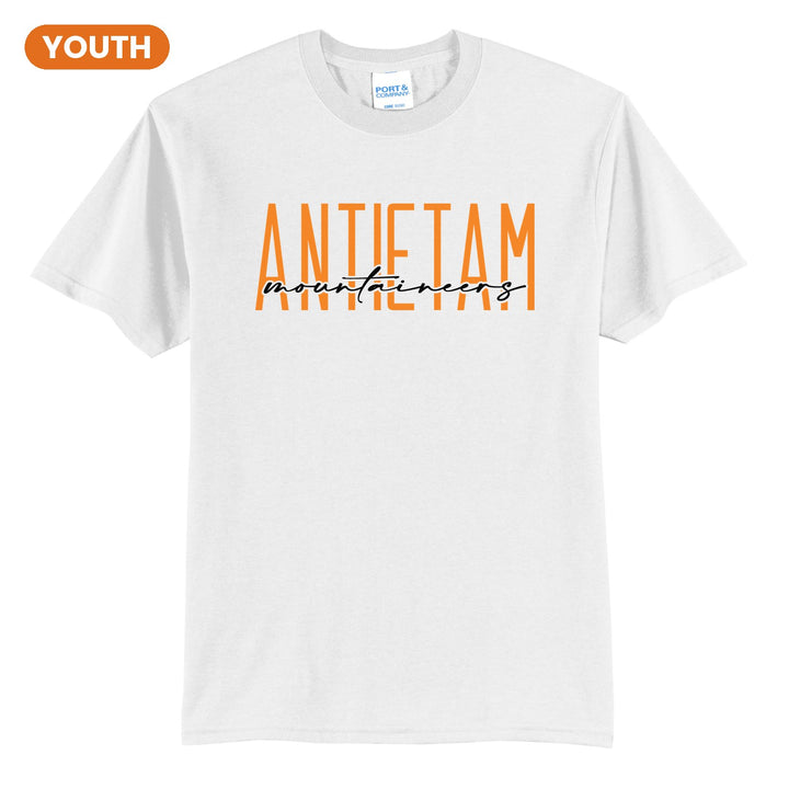 Antietam Mountaineers Tall Type Script youth t-shirt in White: tall ANTIETAM lettering with Mountaineers in flowing script across the middle