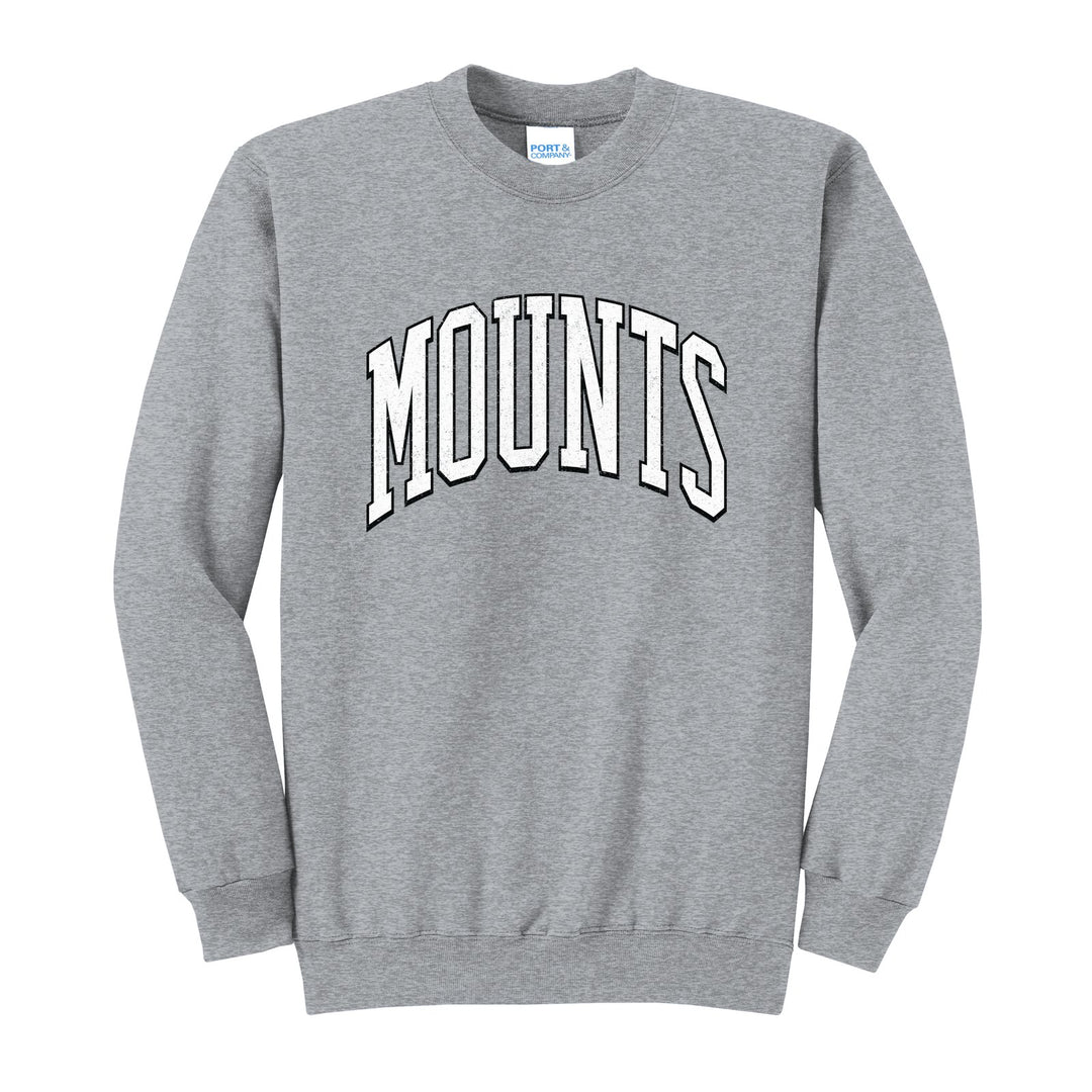 Antietam Mountaineers Varsity Arch crewneck sweatshirt in Athletic Heather: arched, distressed varsity MOUNTS lettering