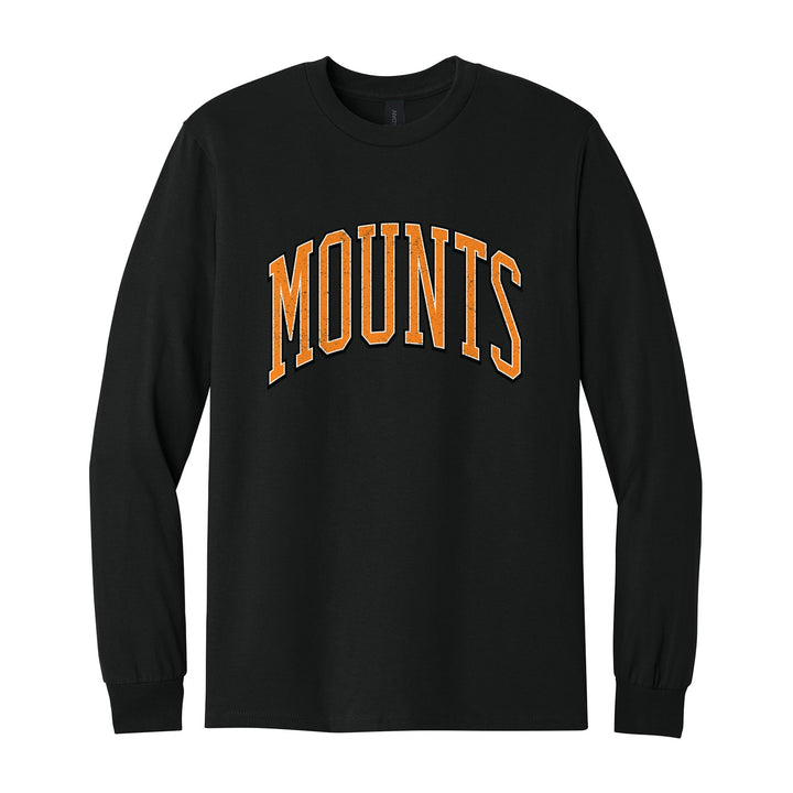 Antietam Mountaineers Varsity Arch long sleeve t-shirt in Black: arched, distressed varsity MOUNTS lettering