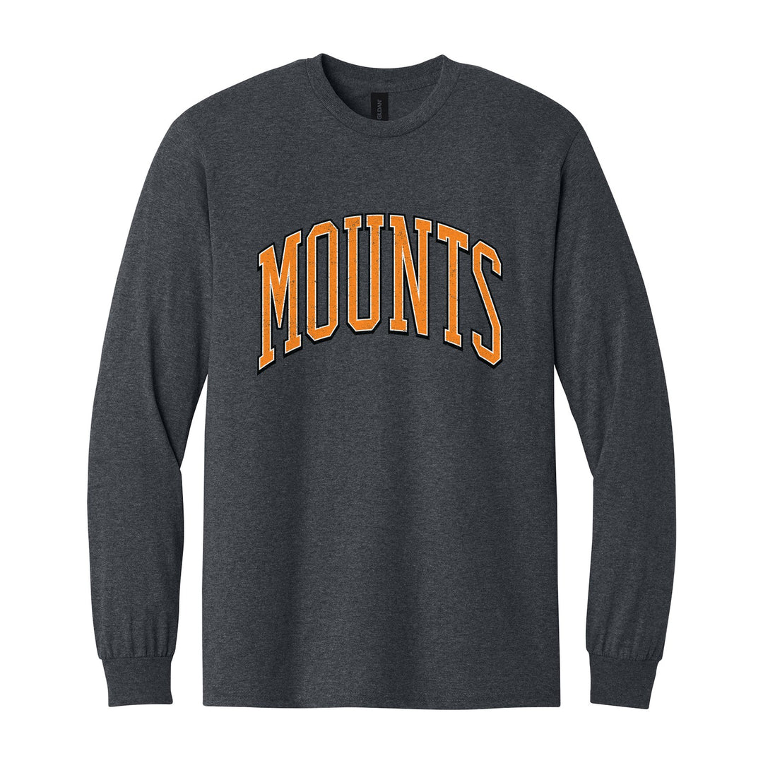Antietam Mountaineers Varsity Arch long sleeve t-shirt in Dark Heather: arched, distressed varsity MOUNTS lettering