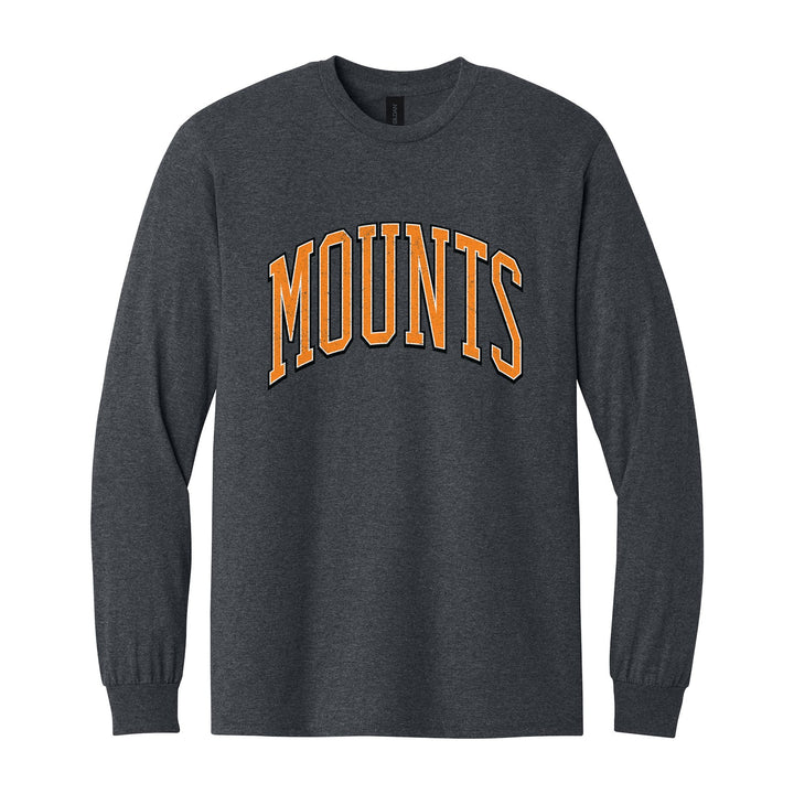 Antietam Mountaineers Varsity Arch long sleeve t-shirt in Dark Heather: arched, distressed varsity MOUNTS lettering