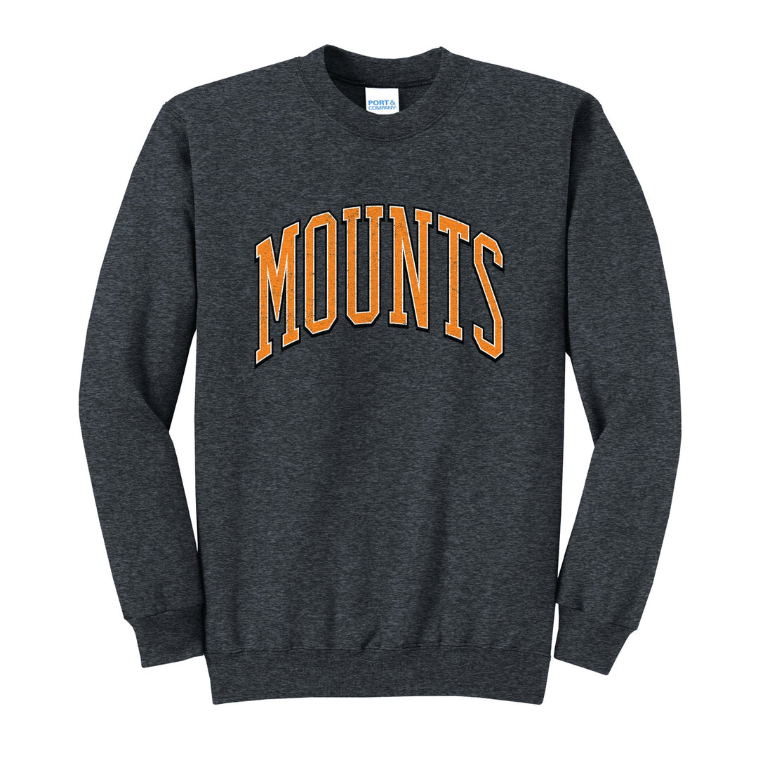 Antietam Mountaineers Varsity Arch crewneck sweatshirt in Dark Heather Grey: arched, distressed varsity MOUNTS lettering