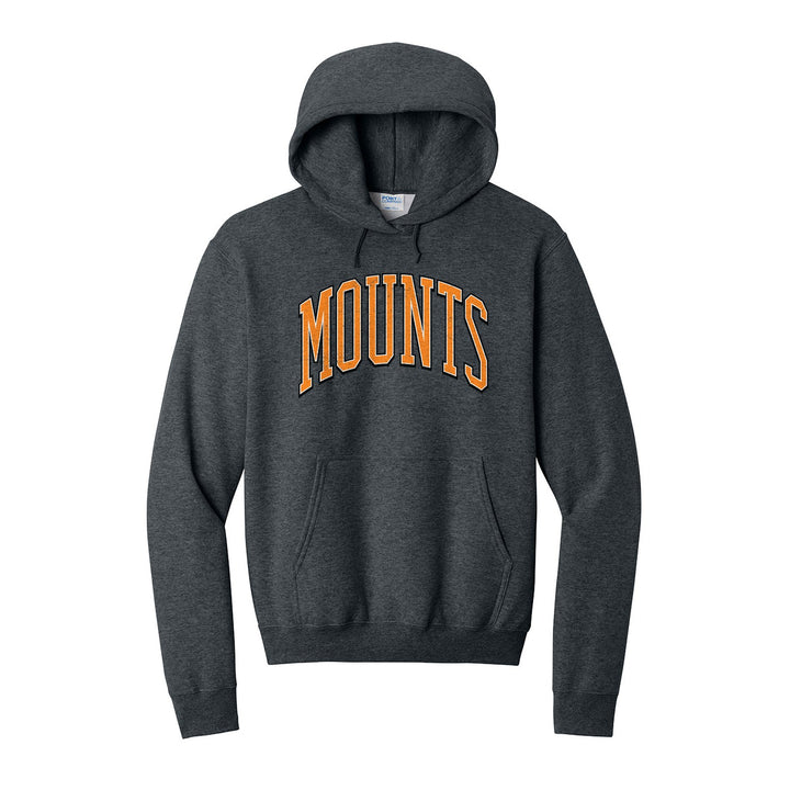 Antietam Mountaineers Varsity Arch hoodie in Dark Heather Grey: arched, distressed varsity MOUNTS lettering