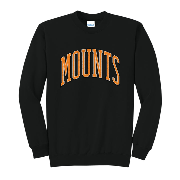 Antietam Mountaineers Varsity Arch crewneck sweatshirt in Jet Black: arched, distressed varsity MOUNTS lettering