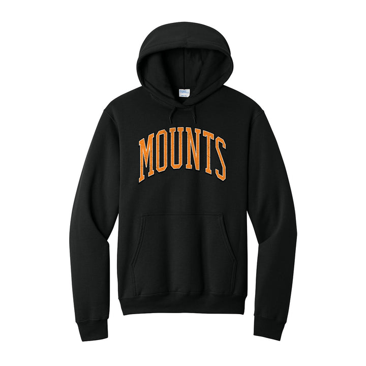 Antietam Mountaineers Varsity Arch hoodie in Jet Black: arched, distressed varsity MOUNTS lettering