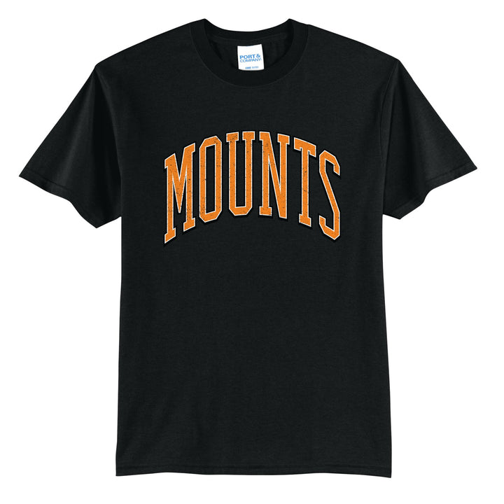 Antietam Mountaineers Varsity Arch t-shirt in Jet Black: arched, distressed varsity MOUNTS lettering