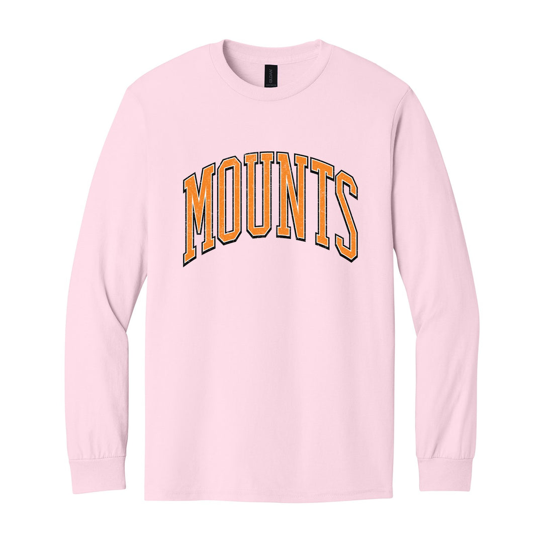 Antietam Mountaineers Varsity Arch long sleeve t-shirt in Light Pink: arched, distressed varsity MOUNTS lettering