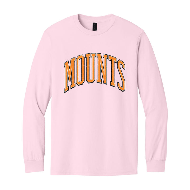 Antietam Mountaineers Varsity Arch long sleeve t-shirt in Light Pink: arched, distressed varsity MOUNTS lettering