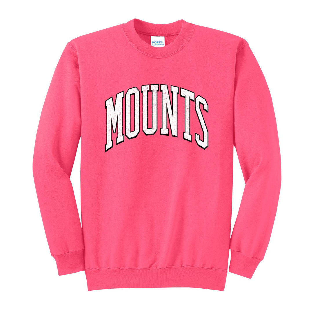 Antietam Mountaineers Varsity Arch crewneck sweatshirt in Neon Pink: arched, distressed varsity MOUNTS lettering