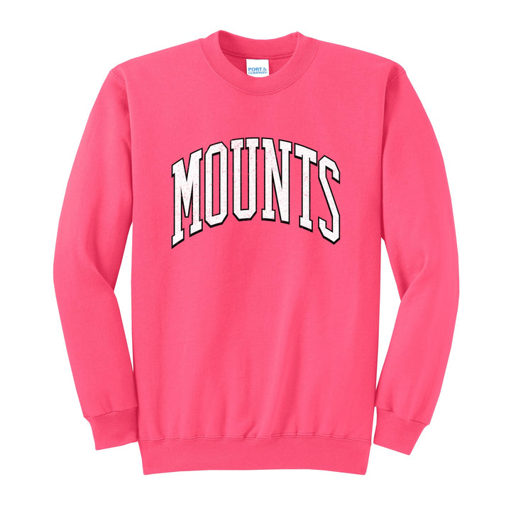 Antietam Mountaineers Varsity Arch crewneck sweatshirt in Neon Pink: arched, distressed varsity MOUNTS lettering