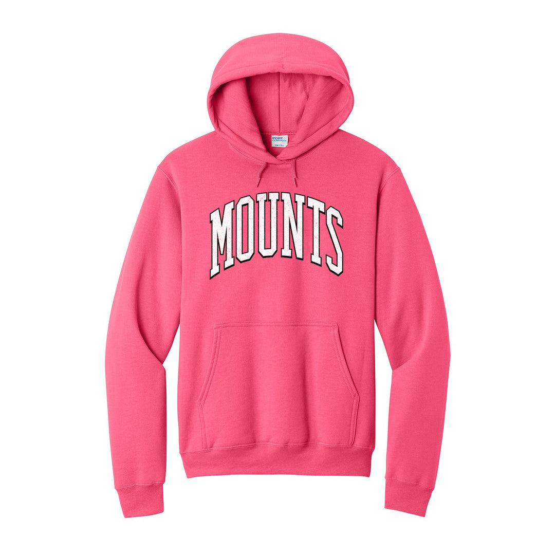 Antietam Mountaineers Varsity Arch hoodie in Neon Pink: arched, distressed varsity MOUNTS lettering