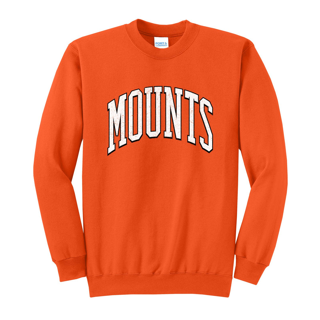 Antietam Mountaineers Varsity Arch crewneck sweatshirt in Orange: arched, distressed varsity MOUNTS lettering