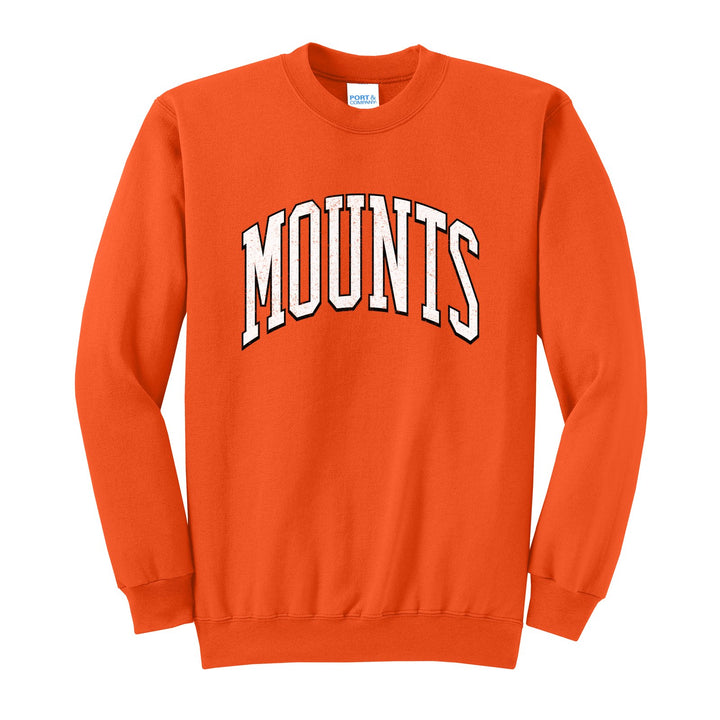Antietam Mountaineers Varsity Arch crewneck sweatshirt in Orange: arched, distressed varsity MOUNTS lettering