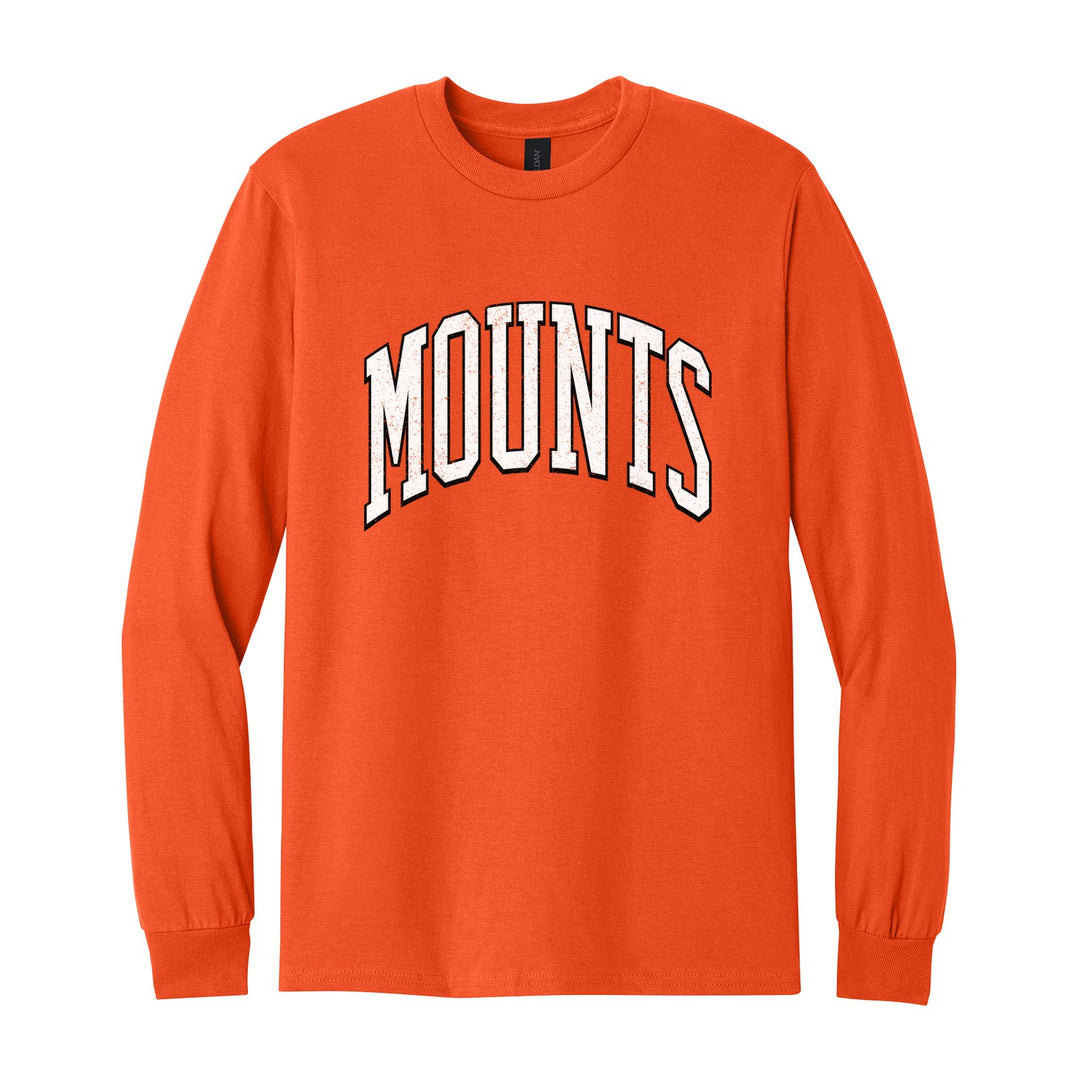Antietam Mountaineers Varsity Arch long sleeve t-shirt in Orange: arched, distressed varsity MOUNTS lettering