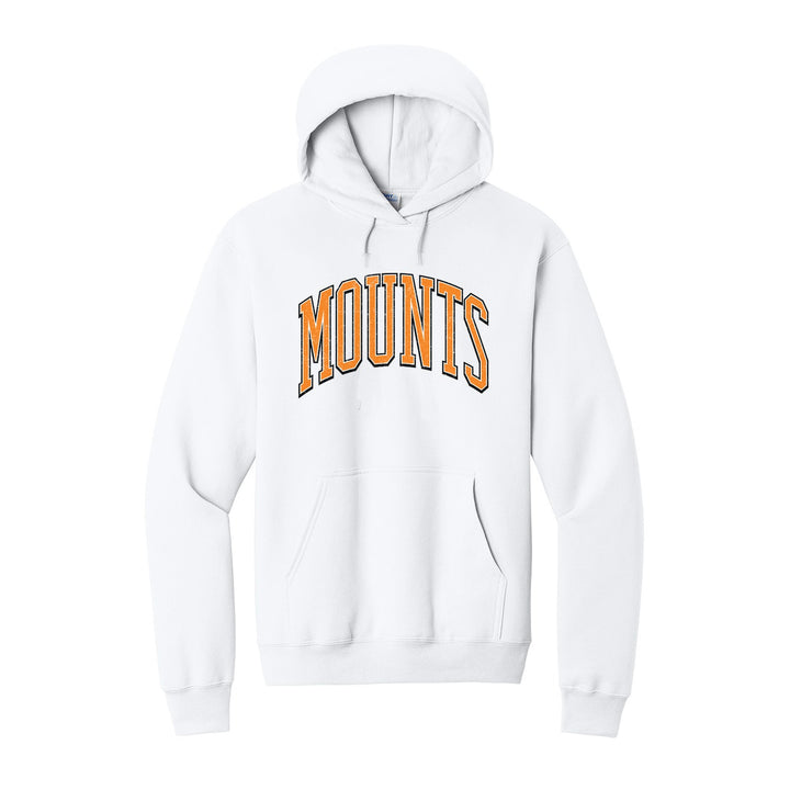 Antietam Mountaineers Varsity Arch hoodie in White: arched, distressed varsity MOUNTS lettering