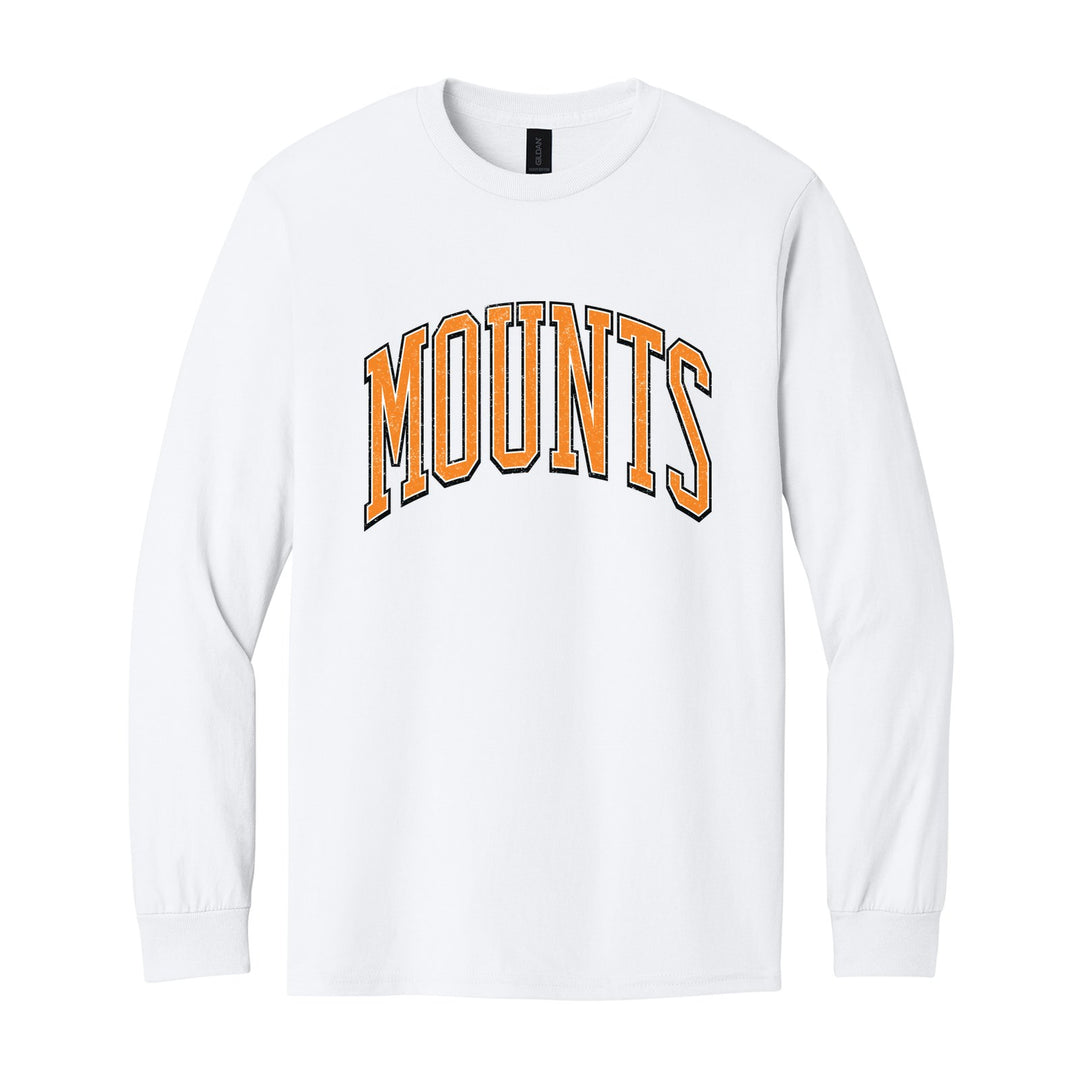 Antietam Mountaineers Varsity Arch long sleeve t-shirt in White: arched, distressed varsity MOUNTS lettering