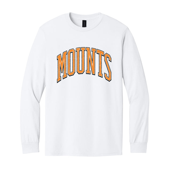 Antietam Mountaineers Varsity Arch long sleeve t-shirt in White: arched, distressed varsity MOUNTS lettering