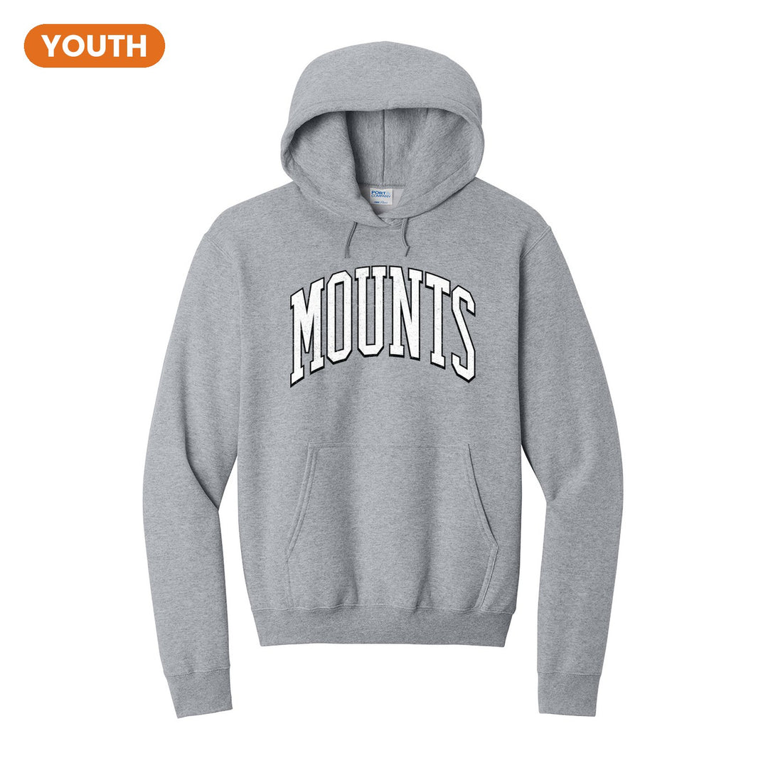 Antietam Mountaineers Varsity Arch youth hoodie in Athletic Heather: arched, distressed varsity MOUNTS lettering