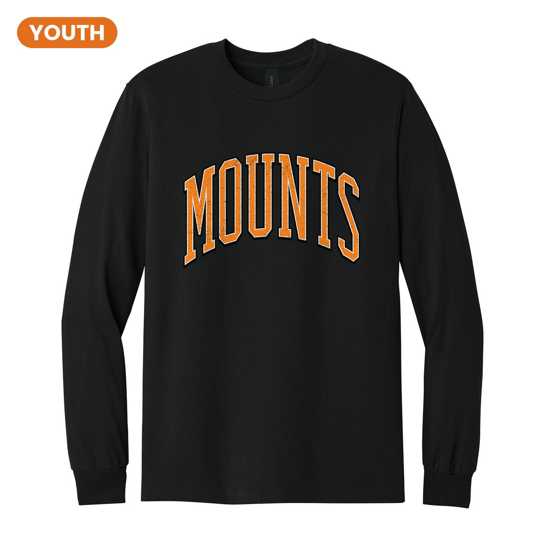 Antietam Mountaineers Varsity Arch youth long sleeve t-shirt in Black: arched, distressed varsity MOUNTS lettering