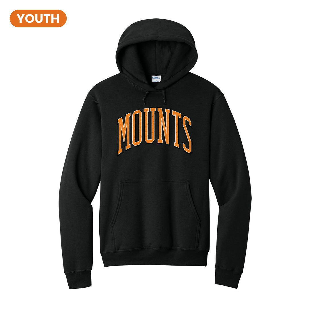 Antietam Mountaineers Varsity Arch youth hoodie in Jet Black: arched, distressed varsity MOUNTS lettering
