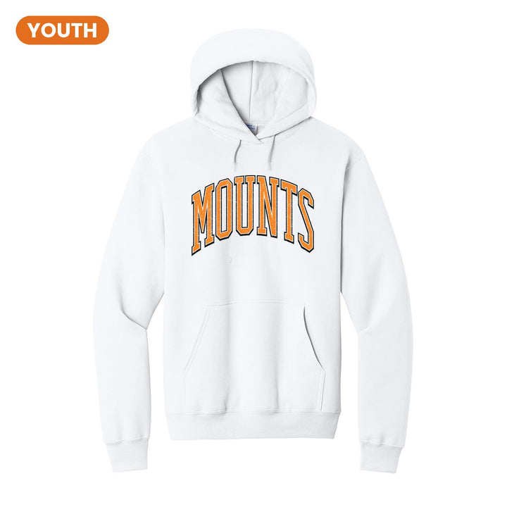 Antietam Mountaineers Varsity Arch youth hoodie in White: arched, distressed varsity MOUNTS lettering