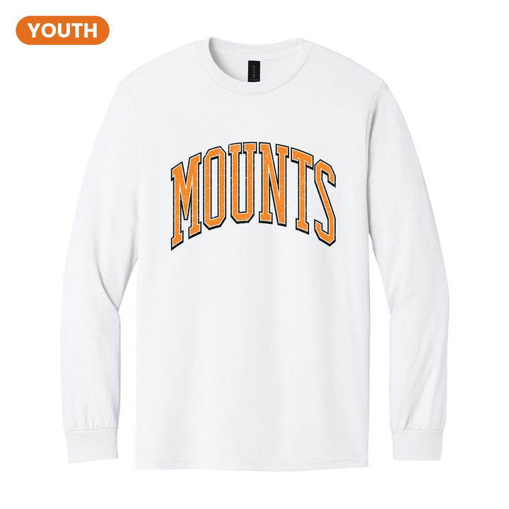 Antietam Mountaineers Varsity Arch youth long sleeve t-shirt in White: arched, distressed varsity MOUNTS lettering