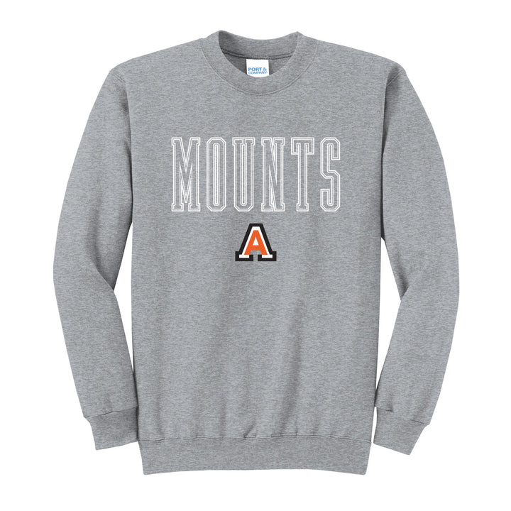 Antietam Mountaineers Outline Mounts crewneck sweatshirt in Athletic Heather: outlined MOUNTS lettering over the Antietam A