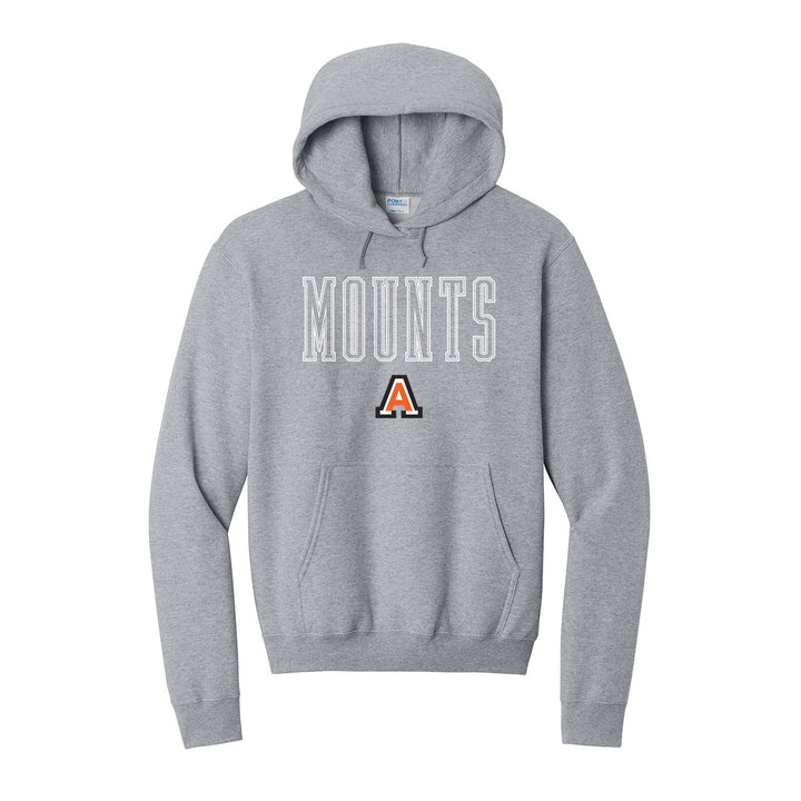 Antietam Mountaineers Outline Mounts hoodie in Athletic Heather: outlined MOUNTS lettering over the Antietam A
